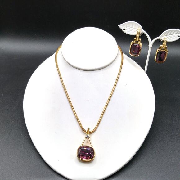 Vintage Swarovski Purple Crystal Pendant Necklace & Earrings, Monet Chain, 1990s - Picture 2 of 10